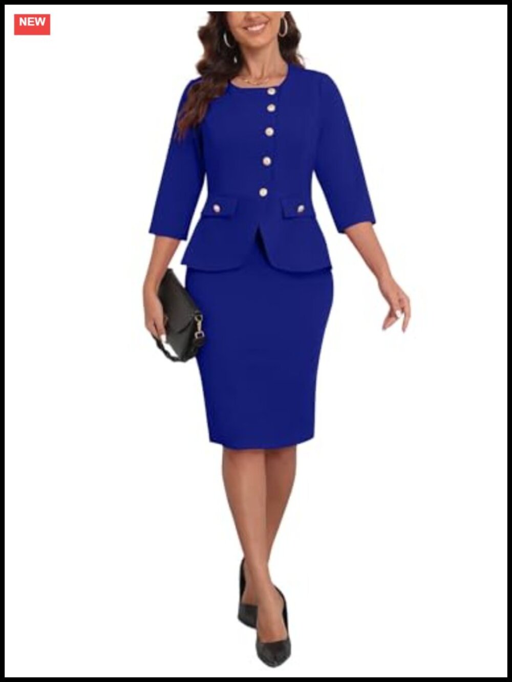 Women 2 Piece Skirt Suit Set 3/4 Sleeve Blazer Midi Pencil Skirt